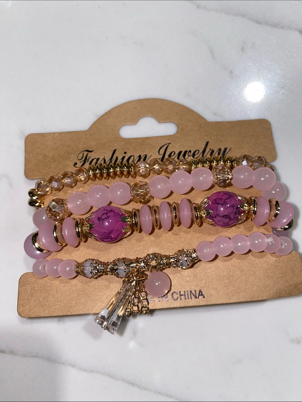 Fashion Jewelry Pink and Gold Beaded Bracelet Stack
